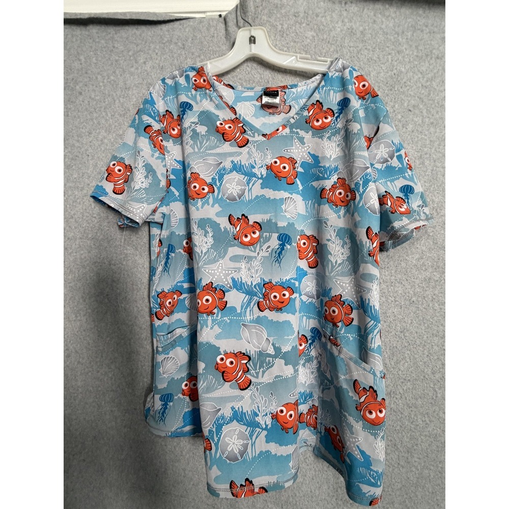 PIXAR Scrub Top Womens 2XL Blue Nemo Fish Print V Neck Short‎ Sleeve Pockets